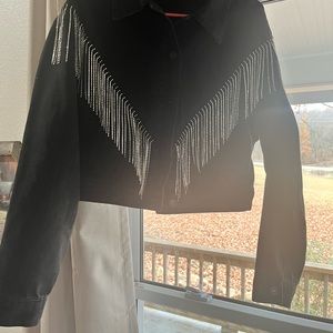 Black Denim Cropped Rhinestone Jacket